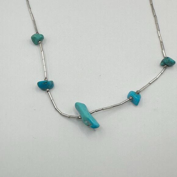 Southwestern Liquid Silver Choker Turquoise Chunky Stone Necklace 15.5" long - Picture 3 of 11